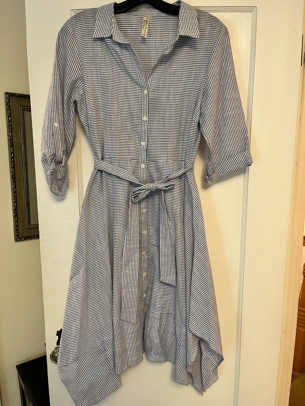 PerSeption Concept Blue and White Striped Midi Shirt Dress